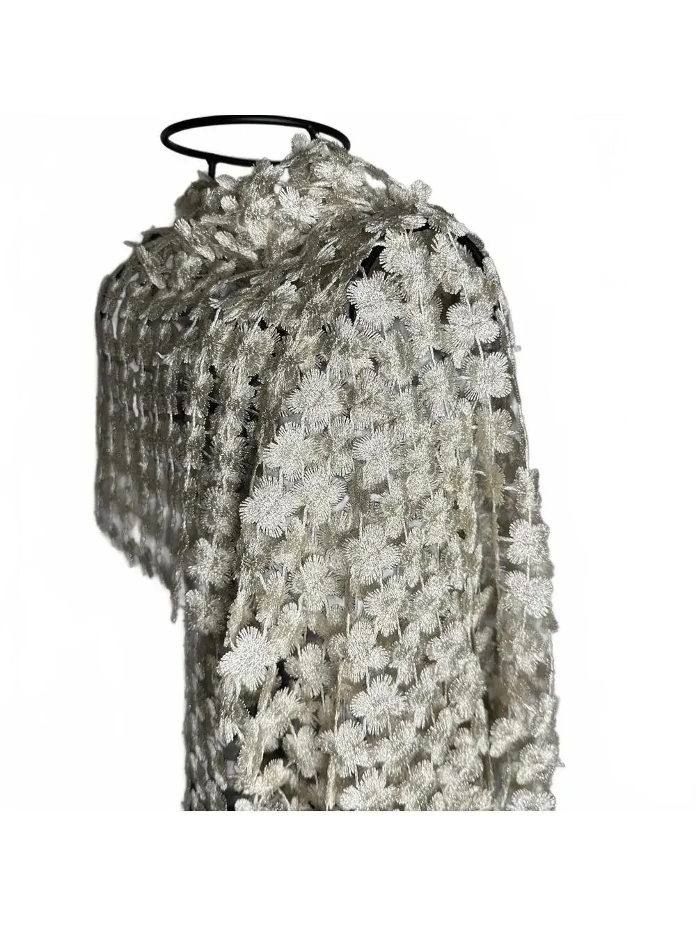 Vintage Ivory Floral Crochet Lace Shawl Scarf Wrap Boho Cottagecore Romantic